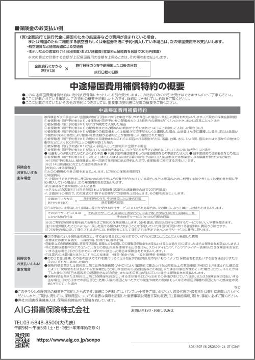 AIG損保の『海外旅行キャンセル保険』 中途帰国費用補償特約 お支払い条件